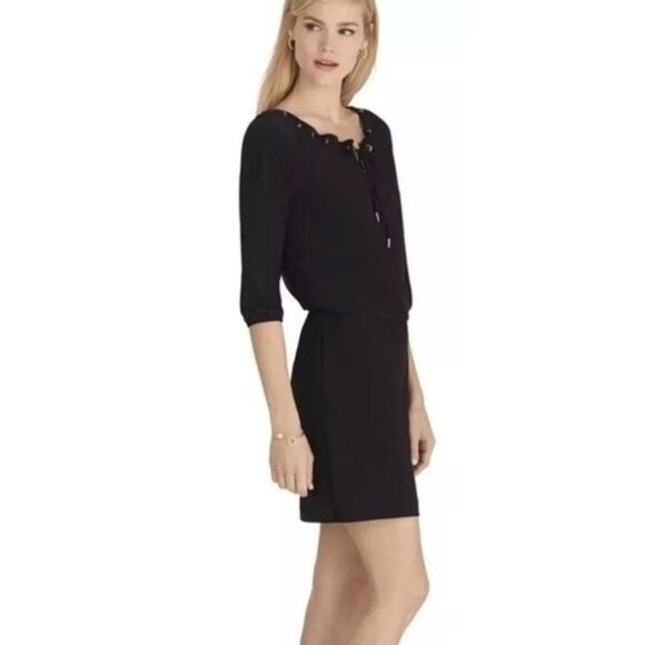 2/$30 White House Black Market 3/4 Sleeve Grommet Neck Blouson Dress #A0128 - Picture 3 of 11